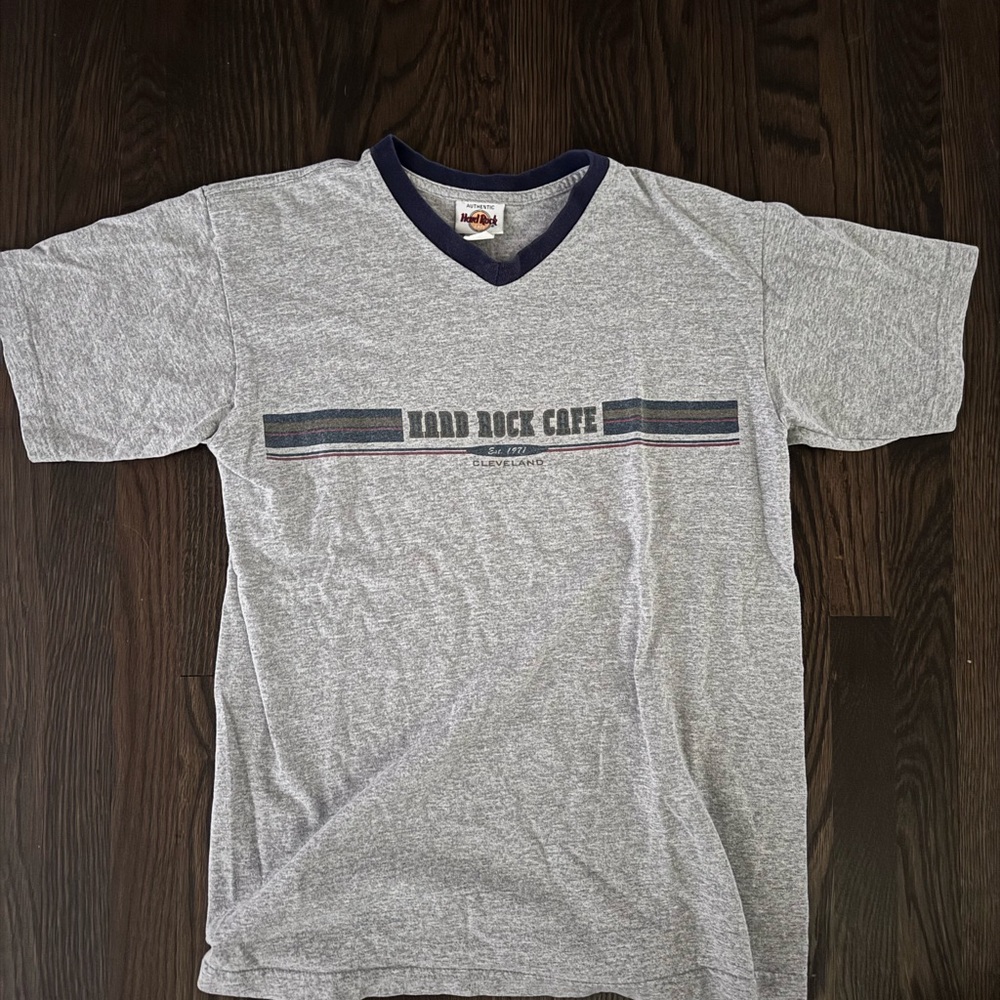 Hard Rock Cafe Gray V-Neck Tee with Navy Trim and Chest Stripe